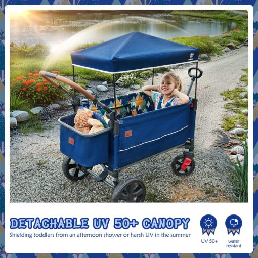 EVER ADVANCED Side-Unzip Wagon Stroller for 2 Kids, Push Pull Stroller with Adjustable Handle, Easy Access Zipper Door, 5-Point Harness, UV-Protection Canopy Shock-Absorbing Wheels, Fox Printing - Image 7
