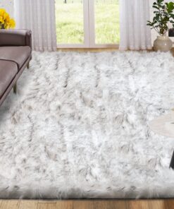ORINOVA White and Grey Area Rugs 9x12 Living Room Large Washable Faux Fur Rugs for Bedroom Nursery Shaggy Sheepskin Fur Rectangle Rug