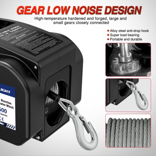 Nilight Boat Trailer Winch 3500 lbs Portable Electric Boat Winches 12 V DC Marine Winch with Remote Control and Hand Crank Power-in Freewheel Operation Waterproof Reversible Winch for Boat Trailer - Image 6
