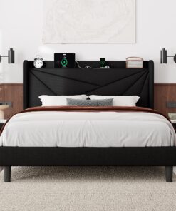 Feonase Full Size Bed Frame with Charging Station, Upholstered Platform Bed Frame with Wingback Storage Headboard, Solid Wood Slats Support, No Box Spring Needed, Black