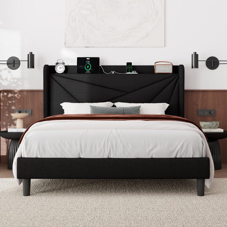 Feonase Full Size Bed Frame with Charging Station, Upholstered Platform Bed Frame with Wingback Storage Headboard, Solid Wood Slats Support, No Box Spring Needed, Black