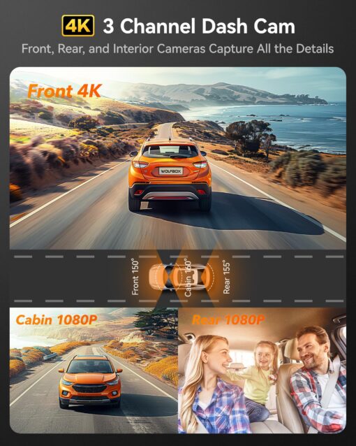 WOLFBOX i17 4K 3 Channel Dash Cam, 5.8GHz WiFi & GPS with 64GB Card, 4K+1080P+1080P Dash Cam Front and Rear Inside, Triple Car Camera with 3 Inch Screen, IR Night Vision, WDR, 24H Parking Mode - Image 9
