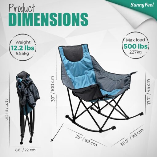 SUNNYFEEL Rocking Camping Chair, Luxury Padded Recliner, Oversized Folding Lawn Chair with Pocket, Heavy Duty for Outdoor/Picnic/Lounge/Patio, Portable Camp Rocker Chairs with Carry Bag - Image 4