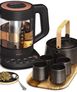 Vianté Luxury Tea Set. Electric Kettle with Tea Infuser for Loose Leaf Tea And Ceramic Serving Set. Tea Pot And Cups Set With Wooden Tray. Excellent Gift Idea For Tea Lovers.