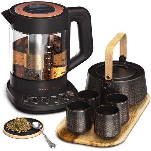 Vianté Luxury Tea Set. Electric Kettle with Tea Infuser for Loose Leaf Tea And Ceramic Serving Set. Tea Pot And Cups Set With Wooden Tray. Excellent Gift Idea For Tea Lovers.