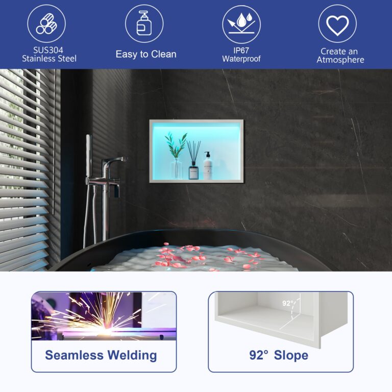 Neohomee White Stainless Steel Shower Niche 18x12Inch, Dimmable RGB Led Light Wall Niche, No Tile Needed Recessed Niche for Bathroom Storage Built-in Installation - Image 4