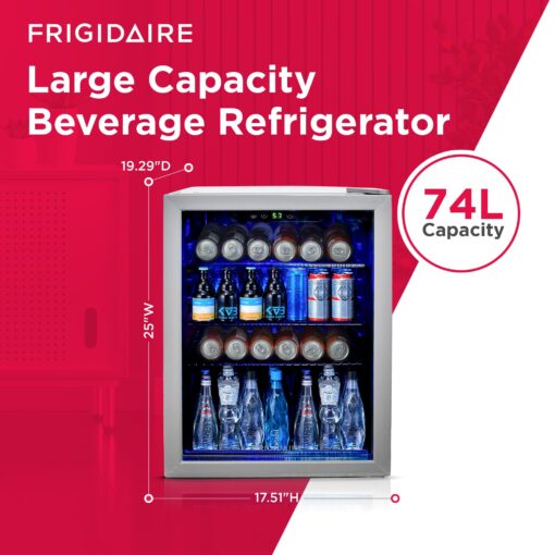 Frigidaire EFMIS9O00, Beverage Fridge Refrigerator with Glass Door, Compact Mini Fridge with Digital Temperature Control Fits 88 Cans or 25 Bottles, 74L Capacity - 19.29" D x 25" W x 17.51" H, Silver - Image 7