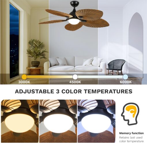 DWVO 52" Tropical Ceiling Fan with Light & Remote, LED Tri-Color Temperature, 5 Blade Ceiling Fans Reversible 6 Speeds w/Quiet DC Motor for Bedroom, Living Room, Dining Room, Patio - Image 5