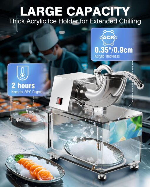 PYY Snow Cone Machine - Commercial Ice Crusher Shaver, Electric Crushed Shaved Snowcone Maker, 440LBS/H 1400RPM All-Copper Motor, Stainless Steel Full Body, Dual Blades, Acrylic Box and Drain Pipe - Image 7