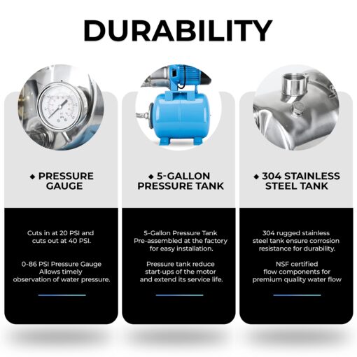 BOMGIE Shallow Well Pump with Pressure Tank 1.5HP, Irrigation Jet Pump 1200 GPH Automatic Booster Sprinkler System,Stainless Steel Water Transfer Camp Pumps for Home, Garden, Lawn - Image 3