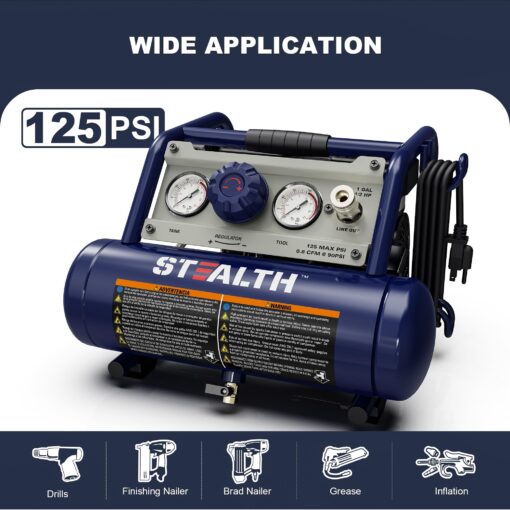 STEALTH Air Compressor 1 Gallon, 1/2HP Max 125 PSI, Induction Motor, 0.8 CFM@90PSI, 1.3 CFM@40PSI, Oil-Free Maintenance Free Light Weight Electric Air Tools for Drilling, Nailing, Grinding, SAUQ-1105 - Image 6