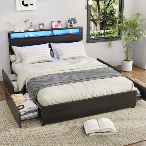 Kiivakii Full Size Bed Frame with Headboard, LED Platform Bed with 4 Storage Drawers, Built in Charging Station, Noise-Free, Metal Support Base, No Box Spring Needed, Black - Image 3