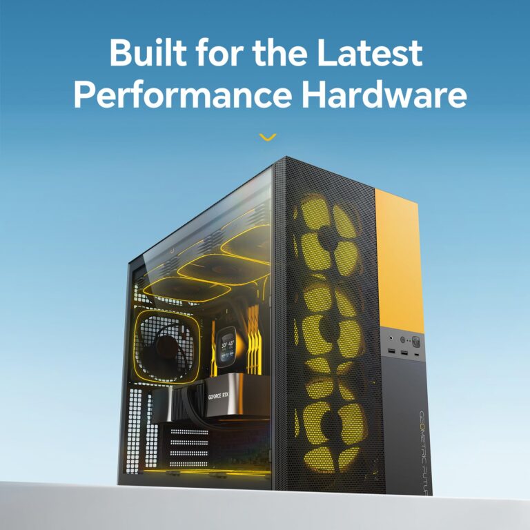 Geometric Future M5 Vent, Mesh Panel Tempered Glass Mid Tower, E-ATX/ATX Gaming Case, High Airflow, Type C, Support 420/360 Rad, ARGB PWM 140mm Fan x 5 Pre-Installed, Black/Yellow, GEO-M5VF-BY - Image 6