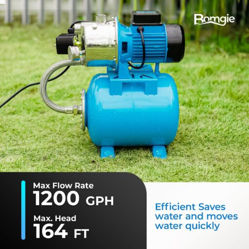 BOMGIE Shallow Well Pump with Pressure Tank 1.5HP, Irrigation Jet Pump 1200 GPH Automatic Booster Sprinkler System,Stainless Steel Water Transfer Camp Pumps for Home, Garden, Lawn - Image 6