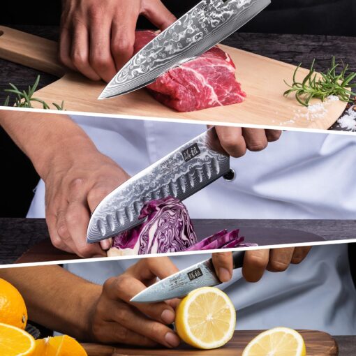 SHAN ZU Damascus Knife Set, Japanese Super Steel 3 PCS Damascus High Carbon Professional Ultra-Sharp Kitchen Chef Knife Set with G10 Handle Gift Box - Image 4