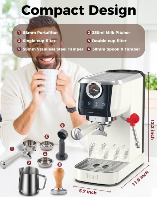 Tuni E2 58mm Espresso Machine 20Bar Espresso Maker, Dual Boiler Coffee Maker with 10mm Steam Milk Frother, Semi-automatic Coffee Machine with UKLA Pump for Espresso,Cappuccino, Gift for Coffee Lover - Image 2