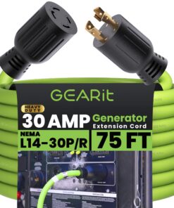 GEARit 30-Amp Generator Extension Cord (75 Feet) 4-Prong 120/250-Volt 7500W, NEMA L14-30P/L L14-30R, 10 Gauge SJTW Locking Power Cord for Manual Transfer Switch, Portable Generators, Power Outage 75ft