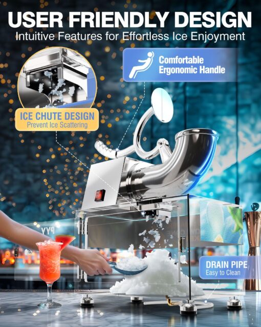PYY Snow Cone Machine - Commercial Ice Crusher Shaver, Electric Crushed Shaved Snowcone Maker, 440LBS/H 1400RPM All-Copper Motor, Stainless Steel Full Body, Dual Blades, Acrylic Box and Drain Pipe - Image 5