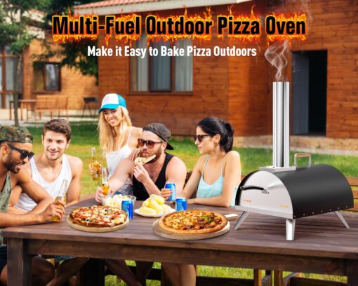 Multi-Fuel Pizza Oven Outdoor, 12" Portable Wood and Gas Fired Pizza Oven with Thermometer,Gas Hose & Pizza Stone,Heats up to 1000°F,Stainless Steel Pizza Oven for Backyard or Camping (Black) - Image 4