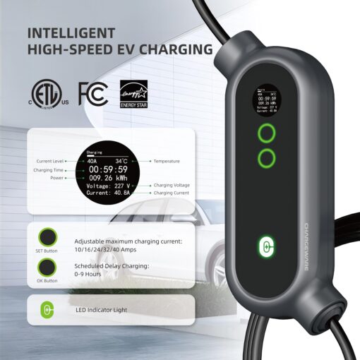 CHARGEWARE Level 2 Smart EV Charger with App Control, Up to 9.6kW, ETL/FCC/Energy Star Certified, 24ft Cable, Wall Mount and Portable Options, 14-50R to 5-15P Adapter, LCD Display, Dark Gray - Image 6