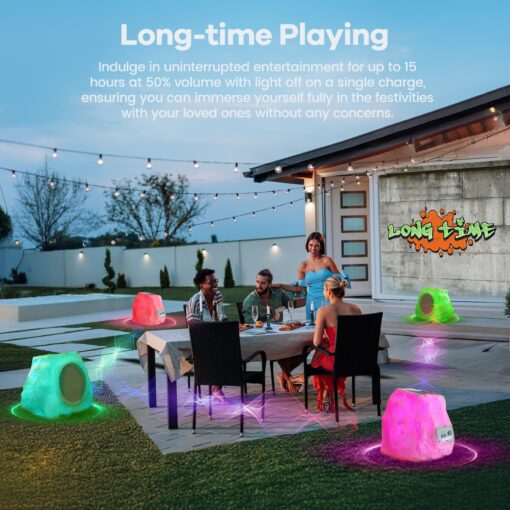 Outdoor Rock Speaker 60W Deep Bass Multi-Sync up to 100 Speakers Auto-Pairing, IPX7 Waterproof Solar-Powered with LED Lights Perfect for Pool, Garden, Patio, Ideal for Music Entertainers - 2 Pack - Image 3