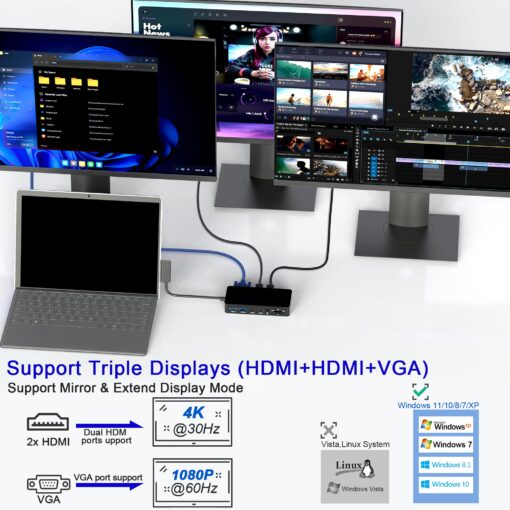 Microsoft Surface Dock, 12-in-1 Triple Displays VGA +Dual HDMI Surface Dock, Surface Docking Station for Surface Pro 11/10/9/8/X/7/6/5/4/3, Surface Book 3/2/1, Surface Laptop go/6/5/4/3/2/1 - Image 6