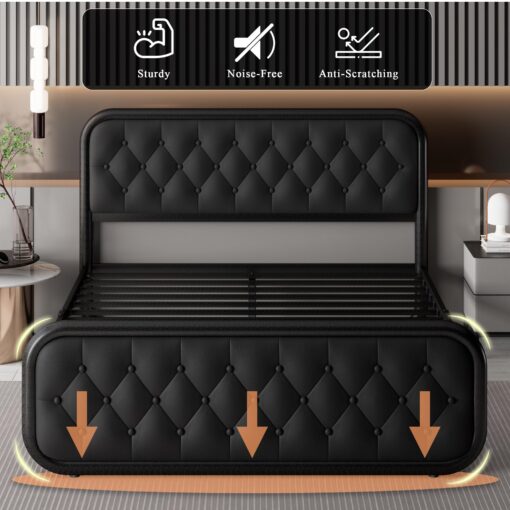Feonase Full Size Bed Frame, Heavy Duty Bed Frame with Faux Leather Headboard, Upholstered Platform Bed with Strong Metal Slats, 12" Under-Bed Storage, Noise-Free, Easy Assembly, Black - Image 4