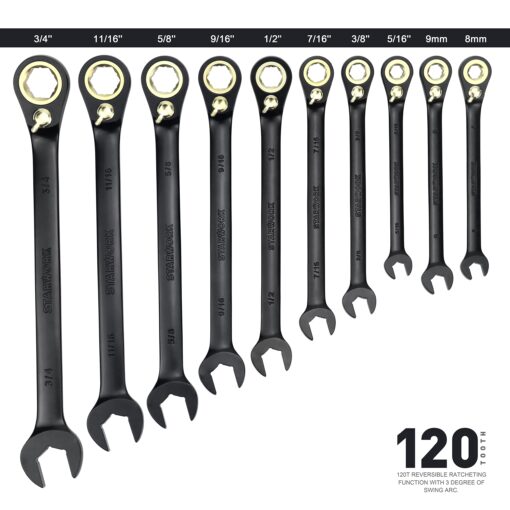 STARWORK TRUE MECHANIC™ 20 Pc. 120T Reversible Ratcheting Combination Wrench Set, Long Pattern, SAE, Metric, Professional, With Portable Roll-Up Pouch Bag - Image 4