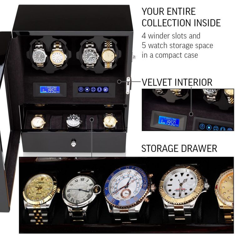 4 Watch Winder with 5 Watch Storage Space, LCD Display, Touch Control and Interior Light (Black + Black Velvet) - Image 3