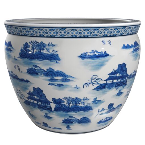 Red Lantern 14" Landscape Blue & White Porcelain Fishbowl Planter or Cachepot for Indoor/Outdoor Use in Garden Entryway Living Room Boho Eclectic Modern Contemporary Classic Traditional Style Decor