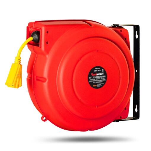 ReelWorks Extension Cord Reel Retractable 12AWG x 65' Foot 3C/SJT Heavy Duty Commercial Cable Triple Tap Connector Power 15A 125VAC 1875W