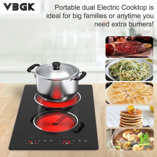 VBGK Electric Cooktop, 12 Inch Built-in Radiant Electric Stove Top,110V 2100W Electric burner with 2 Burners, 9 Heating Level, Timer & Kid Safety Lock, Sensor Touch Control 2 burner Induction Cooktop - Image 9