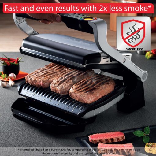 T-Fal OptiGrill Stainless Steel Electric Grill 4 Servings 6 Automatic Cooking Modes, Intelligent grilling rare to well-done 1800 Watts Nonstick Removable Plates, Dishwasher Safe, Indoor, Silver - Image 2