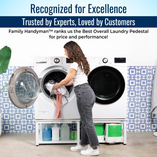 EZ Laundry - Laundry Pedestal for Washer/Dryer, 27" Anti-Vibration Steel Stand with Adjustable Feet Elevates 16", Includes Drain Pan & Hose (White) - Image 5