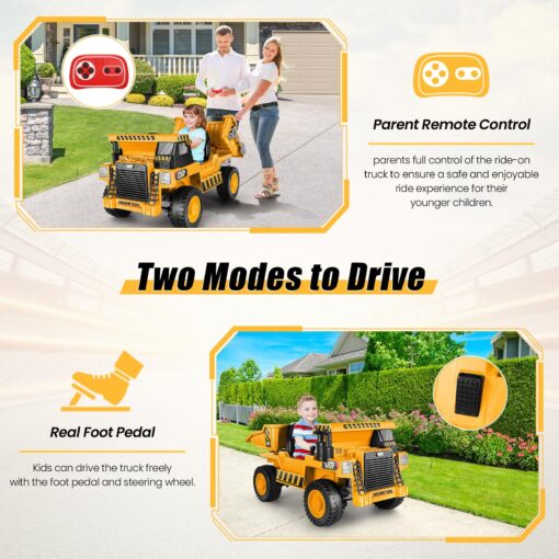 Hikole Ride on Dump Truck for Kids, Electric Cars with Remote Control, Dump Bed, Shovel, Bluetooth, Music Player, Ride on Construction Vehicles for Kids 4-8, Yellow - Image 7