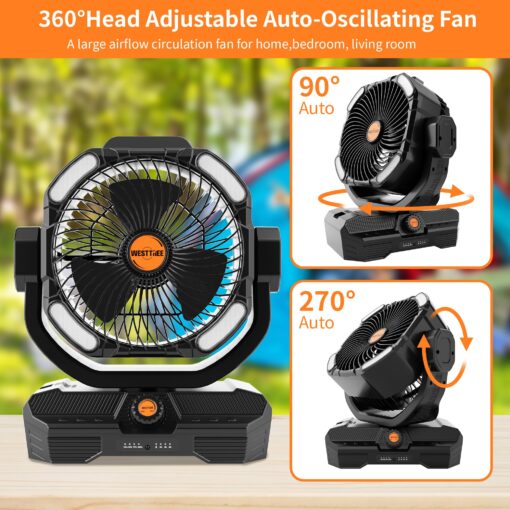 WESTTREE Battery Operated Large Airflow Fan,45000mAh Rechargeable Camping Cordless Fan with 360°Auto Oscillation & Timer, Queit Battery Powered Tent Fans Portable with RGBW Lights for Home X66 Black - Image 6