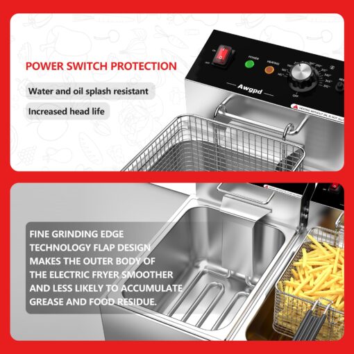 Commercial Deep Fryer with Baskets Stainless Steel Double Deep Fryer with 2 Baskets Capacity 10L X 2(21.3QT) Electric Countertop Fryer for Restaurant and Home Use, 110V 3400W - Image 2
