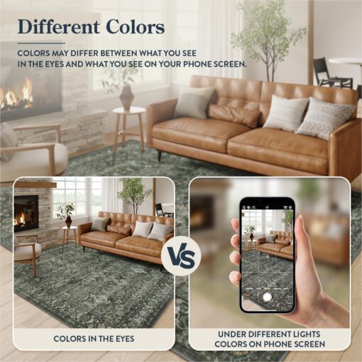 Lahome Boho Green Area Rugs 9x12 Living Room,Washable Large Rugs for Bedroom Aesthetic,Vintage Distressed Non Slip Low Pile Dining Room Rug Carpet for Home Office Playroom(9'x12',Green) - Image 7