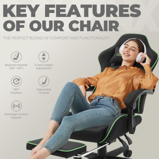 Dowinx Gaming Chair Fabric with Pocket Spring Cushion, Massage Game Chair Cloth with Headrest, Ergonomic Computer Chair with Footrest 290LBS, Black Green - Image 4