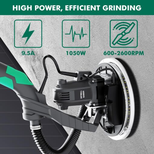 Electric Drywall Sander with Vacuum Dust Collector, IMQUALI® 9.5A 1050W Floor Sanders for Wood Floor with Variable Speed 600-2600RPM, Extendable Handle, LED Light, 12pcs Sanding Discs, Green, IM03 - Image 7