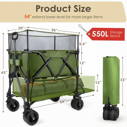 HOPERAN 550L XXL Foldable Double Decker Wagon-Greater Capacity,360° Adjustable Handle Heavy Duty 550LBS Collapsible Cart with 54" Extra Extender,All Terrain Double-Locking Brack Wheels (Olive Green) - Image 4