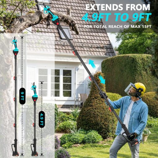 21V 2-in-1 Cordless Pole Pruning Shears, 1.6" Cutting Diameter Electric Pruning Shears with 9 ft Extension Pole, Tree Pruner with 2pcs 2.0Ah Rechargeable Lithium Battery, LCD Display Screen SK7 Blades - Image 7
