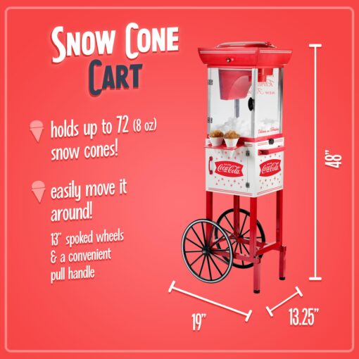 Nostalgia 8-Inch Tall Snow Cone Cart, Makes 48 ICY Treats, Includes Metal Scoop, Storage Compartment, Wheels for Easy Mobility, Coke - Image 7
