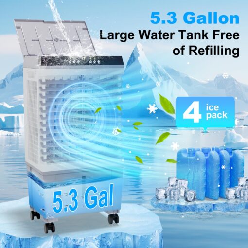 Uthfy Swamp Cooler Air Conditioner, Evaporative Air Cooler with 5.3 Gallon Water Tank, 4 Ice Box, Remote, 12H Timer, 120°Oscillation, Portable Cooling Fan with 3 Speeds for Bedroom Home Office - Image 4