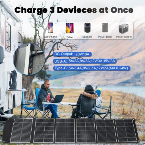 wagnation 200W Portable Solar Panel, Foldable Solar Charger with QC3.0 USB-A, Type-C & MC4 Output for Phone, Laptop, Power Station, IP65 Waterproof for Outdoor Camping, Hiking, Backpacking - Image 7