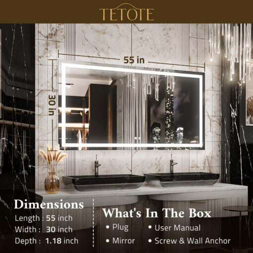 TETOTE 55 x 30 LED Bathroom Mirror with Lights, LED Mirror for Bathroom Vanity Dimmable Anti Fog Wall Mounted, Horizontal/Vertical, Tempered Glass - Image 4
