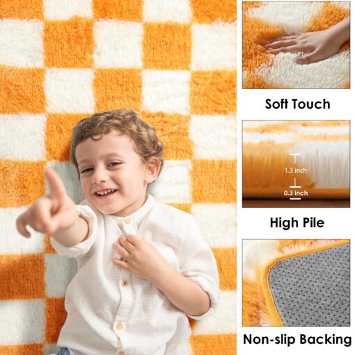 KICMOR 8x10 Area Rugs for Living Room, Large Fluffy Fuzzy Orange and Cream White Checkered Shag Rug Soft Plush Big Bedroom Carpet, Shaggy Floor Rugs for Kids Boys Girls Dorm Nursery Home Room Decor - Image 5
