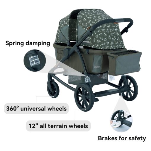Pamo Babe Kid Wagon Double Stroller for 2 Kids Push Pull Double Wagon Travel Stroller Adjustable Handbar Waterproof Canopy Cup Holder and 3 Point Harness Green - Image 6