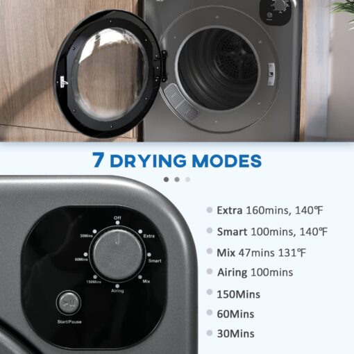 HOMCOM Portable Clothes Dryer, 120V 1300W Compact Laundry Dryer with Intelligent Drying, 3.2 cu.ft Stainless Steel Drum, Front Load Electric Dryer for Apartments, Dorms, RVs, Gray - Image 8