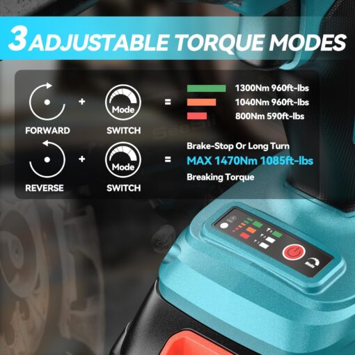 Uaoaii 1300Nm(960ft-lbs) Cordless Impact Wrench Torque Beast, 1/2 Battery Impact Gun w/ 2X 5.0Ah Battery, 5 Sockets & Storage Box, Electric Impact Wrench for Truck RV, Maintenance Duty, IW810 - Image 2
